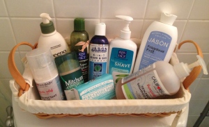 My guest bathroom basket.  Taking this photo reminded me I need to re-stock some things.  Thanks for adding to my to-do list.